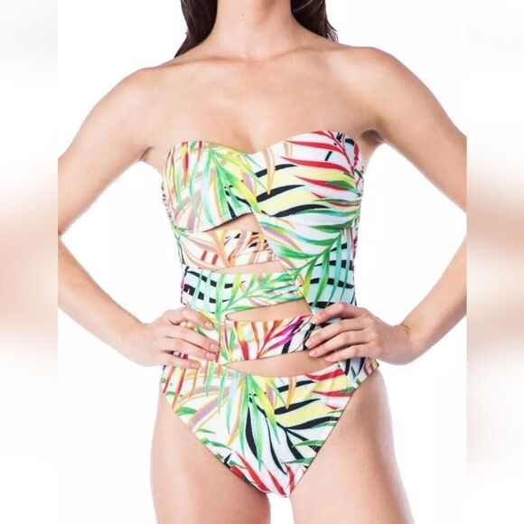 Kenneth Cole M Exotic Palm Cutout Bandeau Swimsuit sz Med - Picture 3 of 10